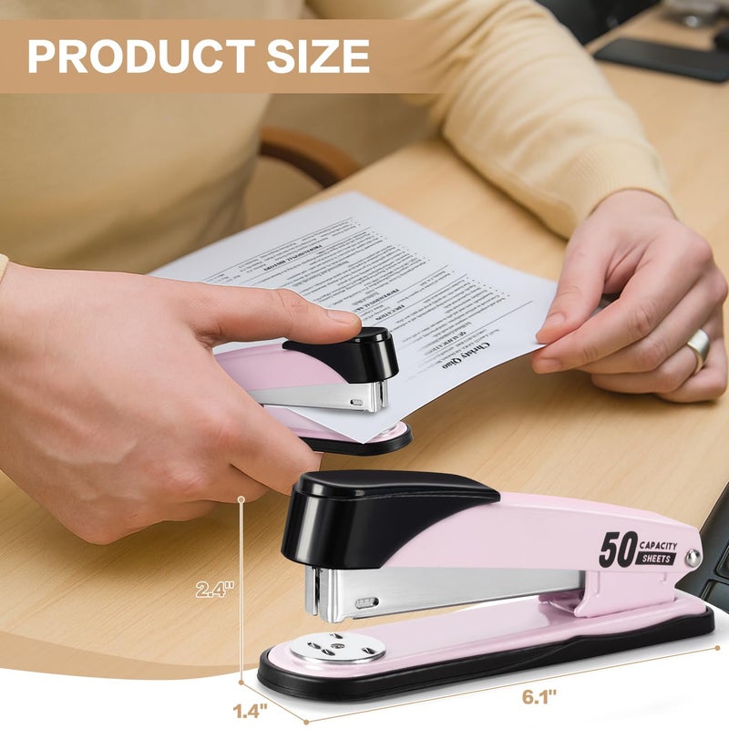 ديلي دباسة ديلي شديدة التحمل، دباسات شريطية كاملة للمكتب مع 2000 دبابيس ومزيل دبابيس، سعة 50 ورقة، بدون مربى، دباسة مكتب غير قابلة للانزلاق مع دبابيس للمكتب والفصول الدراسية، وردي - Image 2